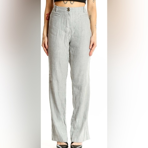 J. Jill Pants - New J. Jill Light Gray Striped Wide - Leg Linen Stretch Pants Size 12 Petite